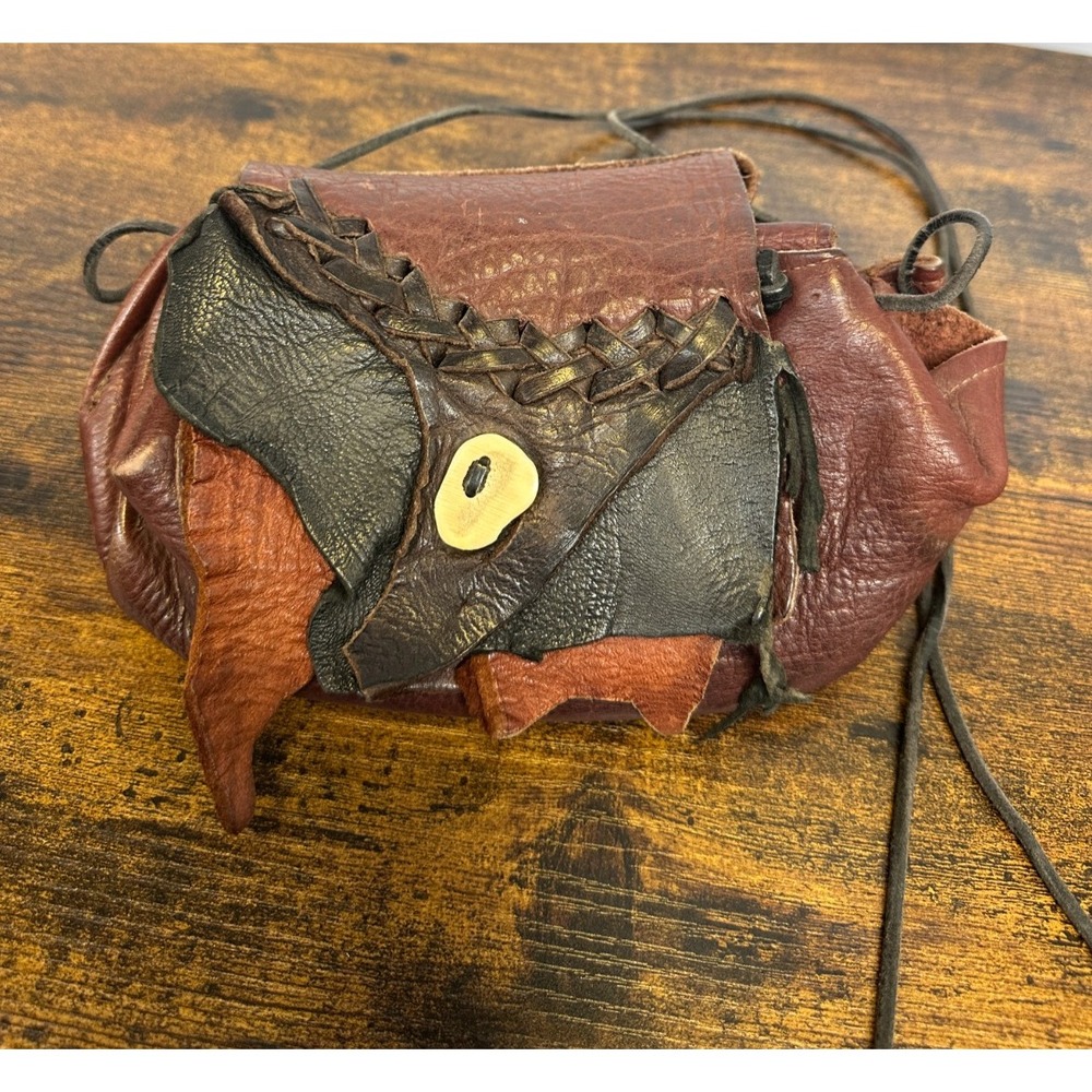 Handmade Artisan Leather Crossbody Pouch Bag Brown Patchwork Bone Button Boho - Picture 5 of 16